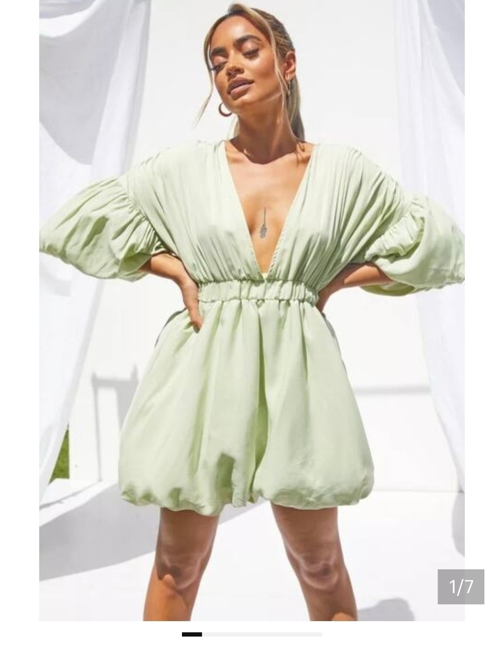 PrettyLittleThing Sage Plunge V-Neck Puff Sleeve Mini Dress